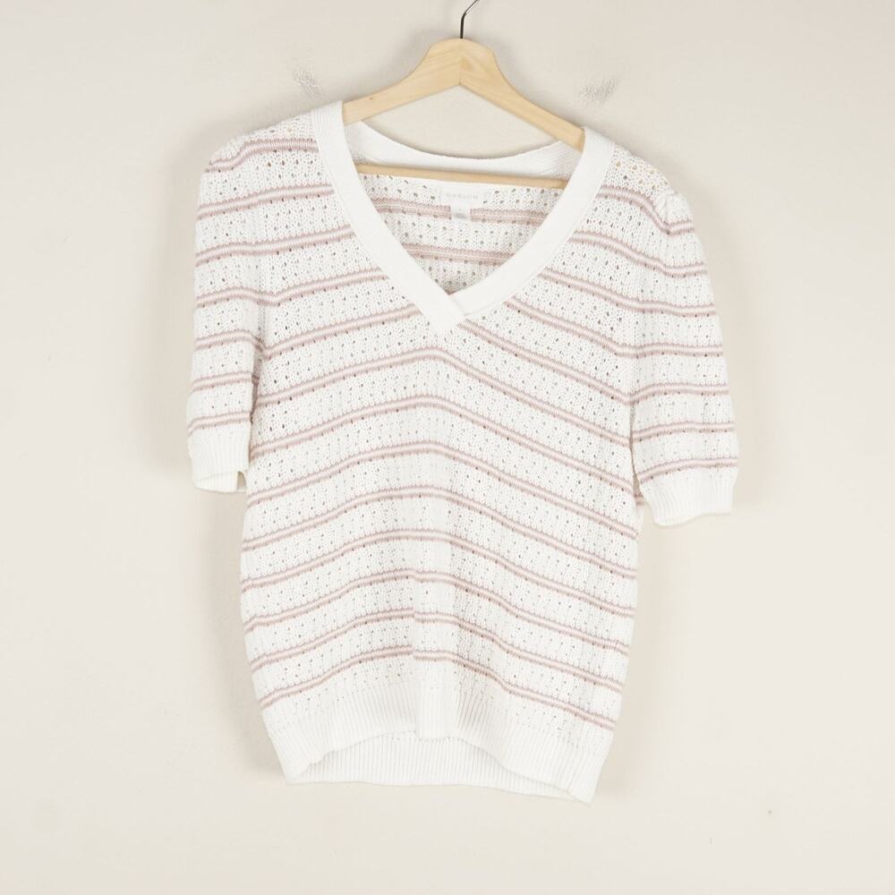Caslon Mixed Stitch Knit V Neck Short Sleeve Ivory Pink Striped Sweater Sz L